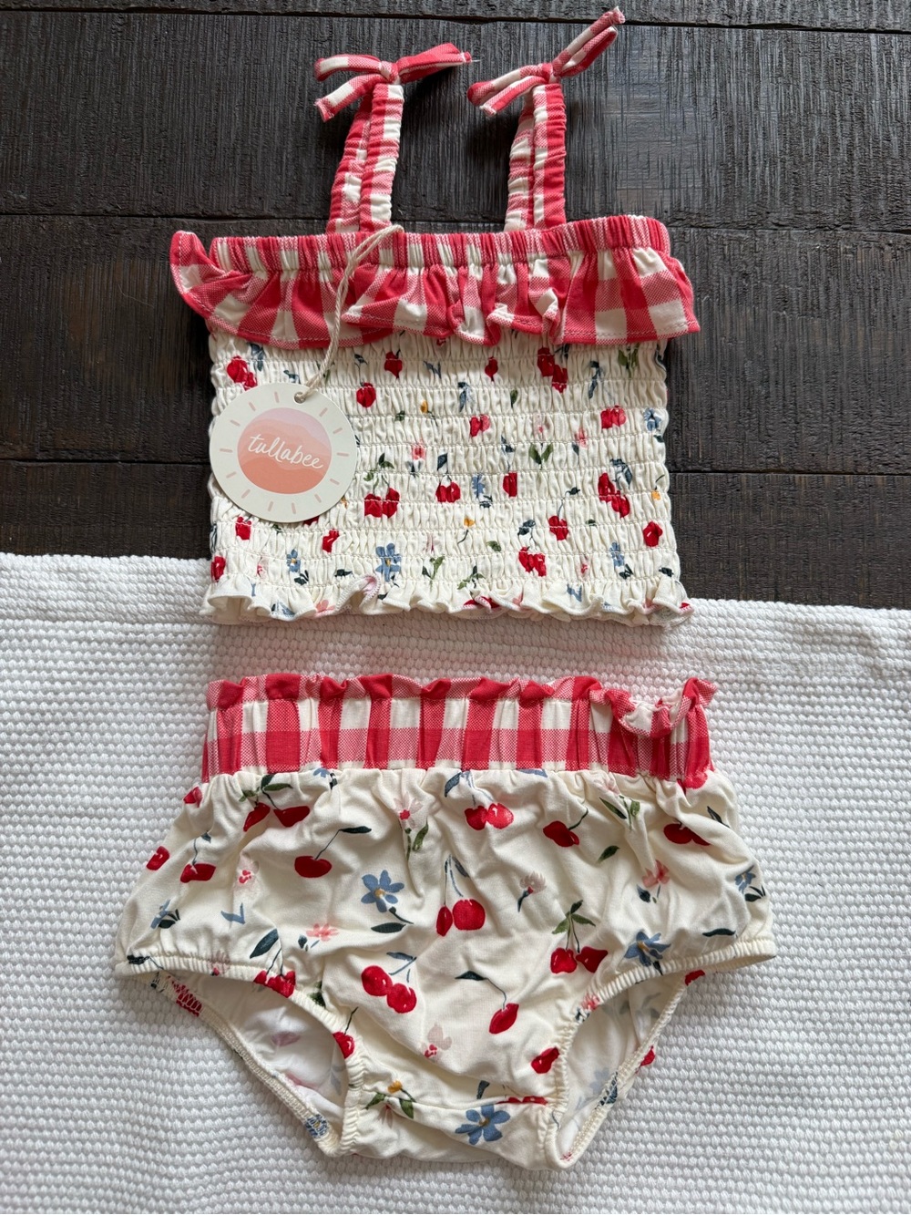 Tulabee Red & Crean Cherry Smocked Tank and Bloomers Set